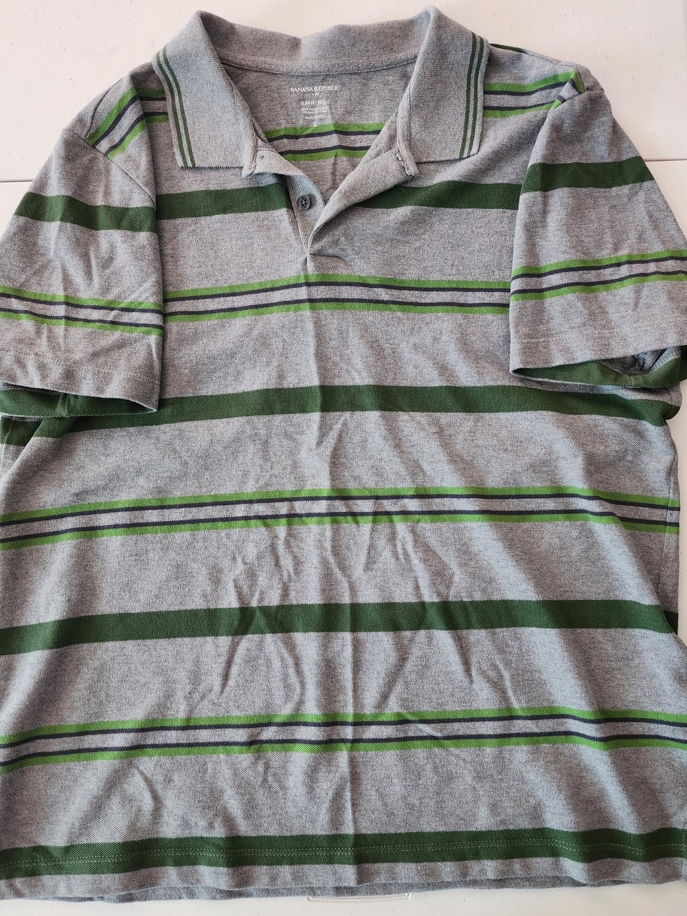 Banana Republic Gray Polo with Green Stripe Accents